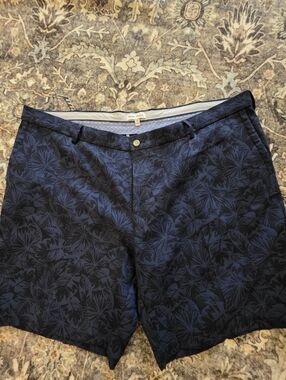 Peter Millar Navy and Black Tropical-Leaf Flat Front Shorts